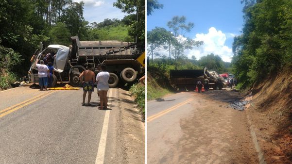 Caminhão se choca com barranco em acidente em Atílio Vivácqua