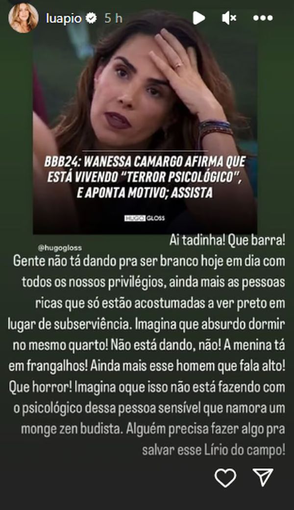 Luana Piovani ironiza fala de Wanessa Camargo no 'BBB 24'.