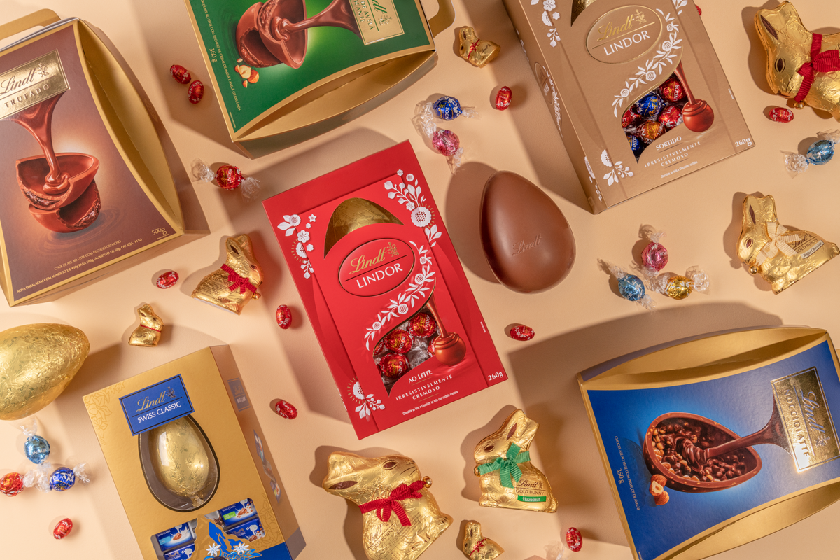 Ovos e coelhinhos de chocolate fazem parte do portfólio da Lindt para a Páscoa de 2024
