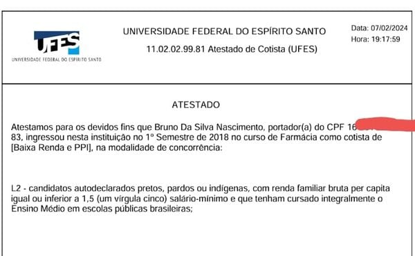 Ufes emitiu Atestado de Costista para Bruno no início de fevereiro de 2024