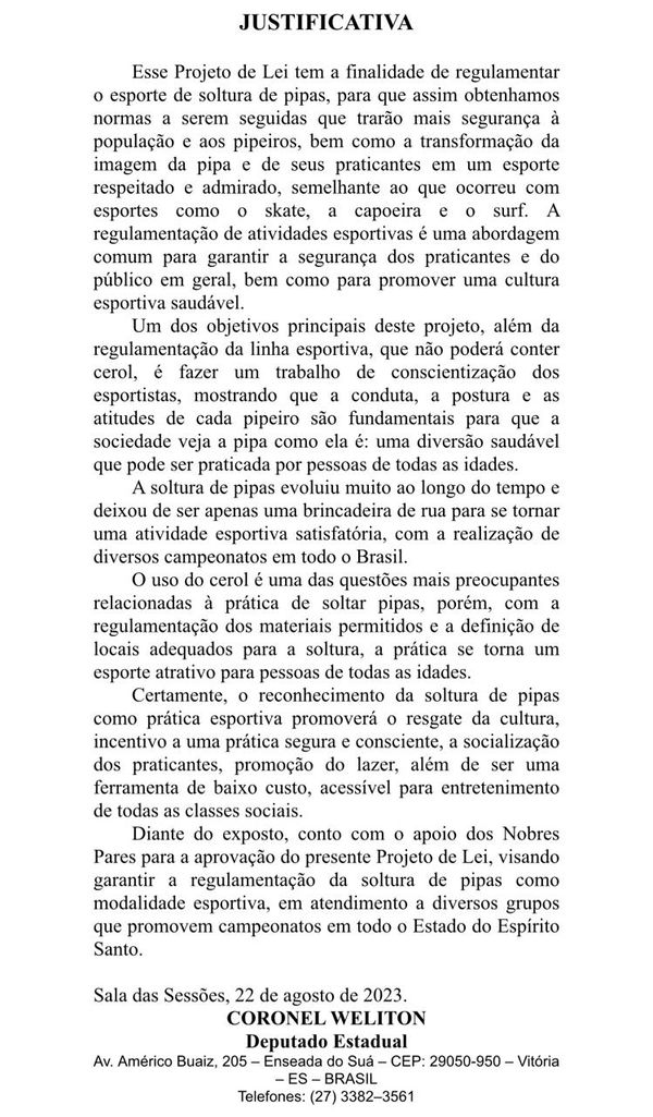Justificativa da lei que regulamenta a pratica da soltura de pipas como esporte