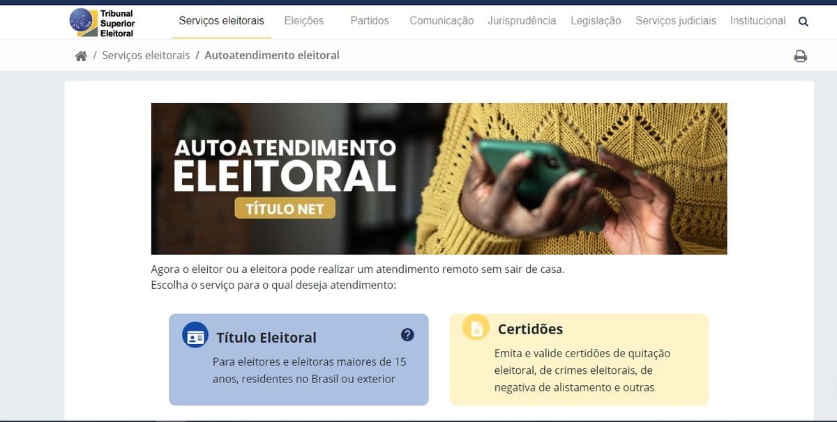 Página de Autoatendimento eleitoral Título Net no site do Tribunal Superior Eleitoral (TSE)