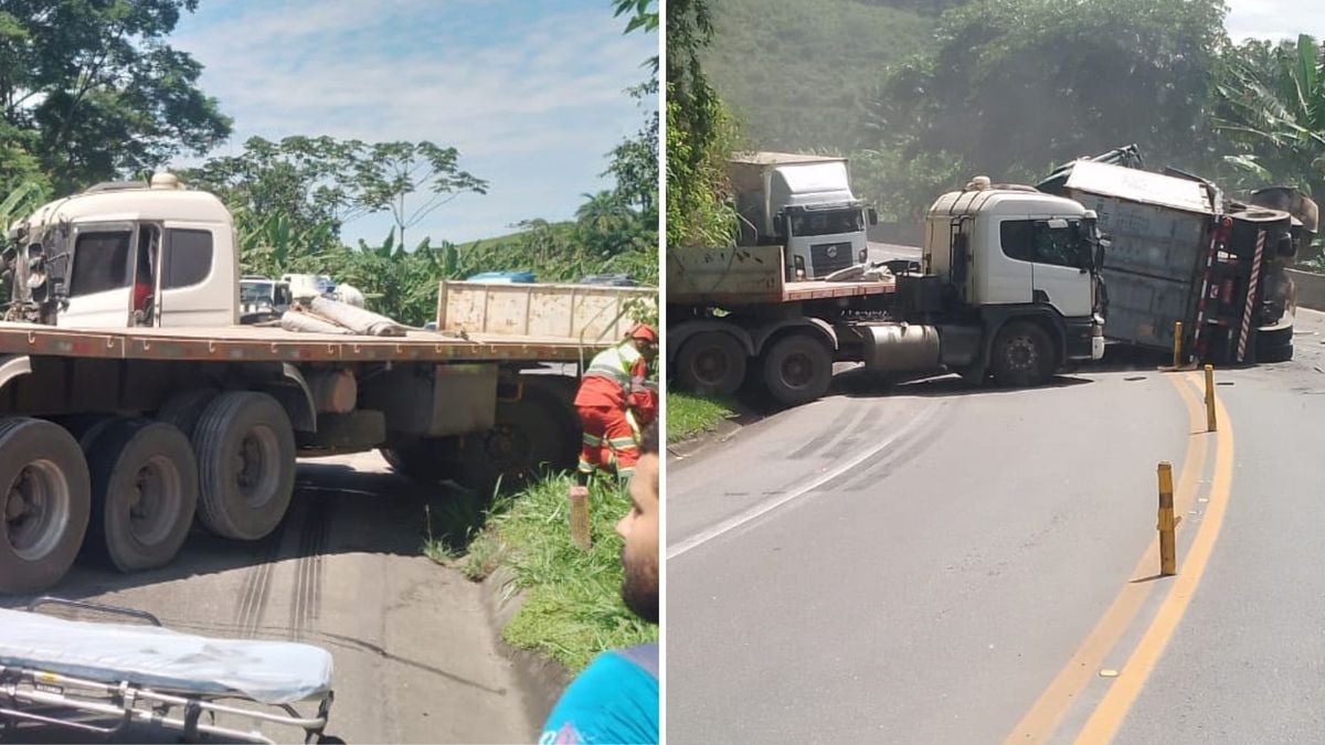 Acidente entre carretas interdita BR 101 em Rio Novo do Sul 