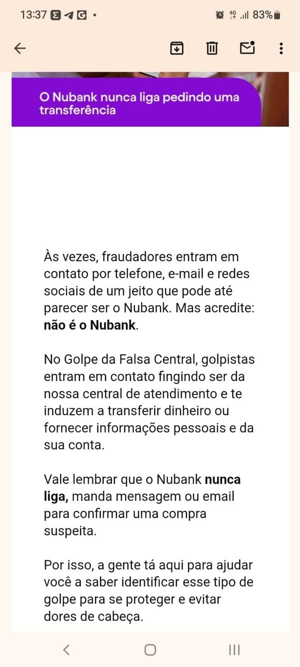 Nubank avisa aos clientes sobre a falsa central telefônifica