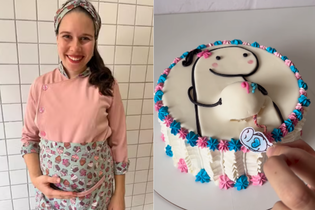 Confeiteira Taisnara Assini Pedruzzi montou um bolo para mostrar o sexo do próprio bebê. O vídeo tem quase 110 milhões de visualizações nas redes sociais