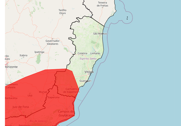 Alerta vermelho compreende regiões Sul e Serrana do Espírito Santo