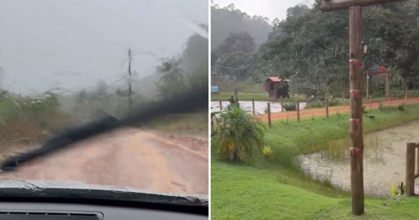 Em registros feitos pela TV Gazeta, é possível observar uma estrada da região do Circuito Caravaggio com lama devido à água; Estado está em alerta vermelho para chuvas intensas