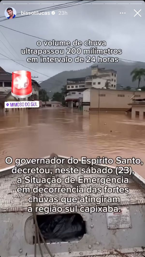 Lucas Bissoli compartilha no Instagram vídeo das chuvas que atingiram o sul do ES.