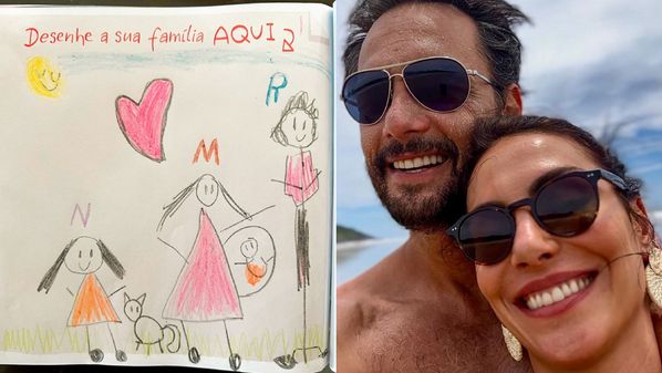 Atriz usou um desenho feito pela filha mais velha para explicar o momento da família. Na imagem, Mel aparece com uma barriga de grávida