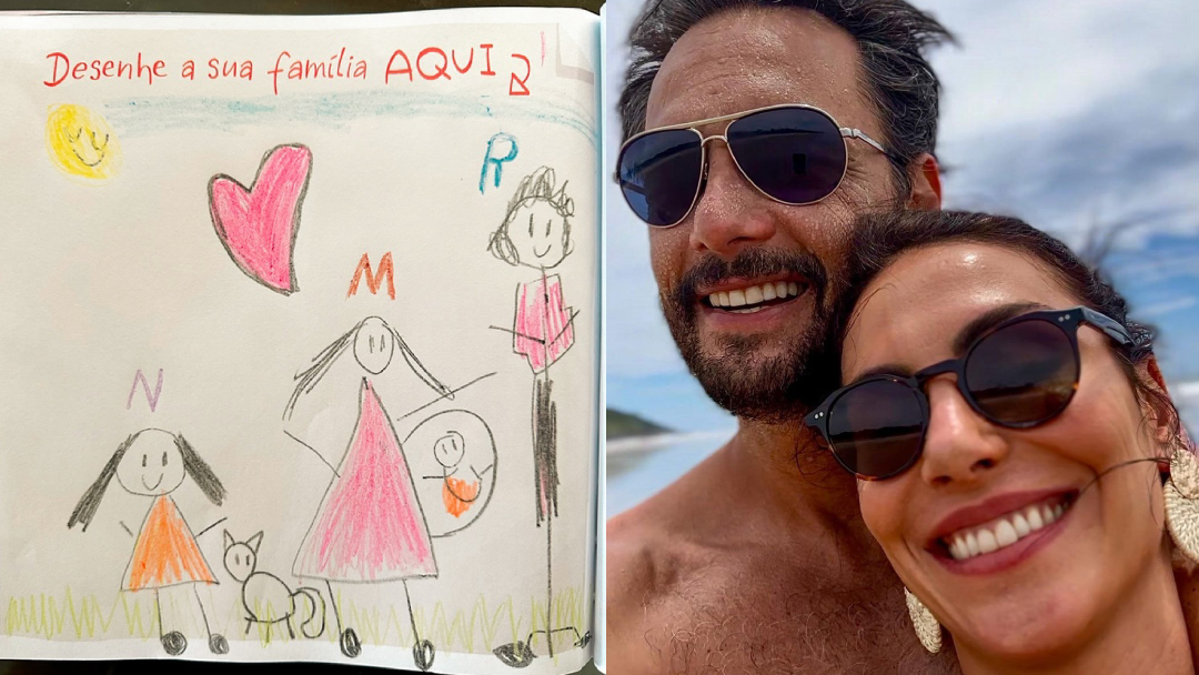 Atriz usou um desenho feito pela filha mais velha para explicar o momento da família. Na imagem, Mel aparece com uma barriga de grávida