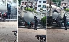 Imagens mostram que o policial militar dá tapa na cara de mulher e socos em homem em uma praça do Centro de Domingos Martins