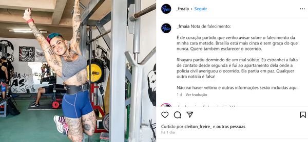 Filipe Maia, produtor da atleta, faz postagem em redes sociais