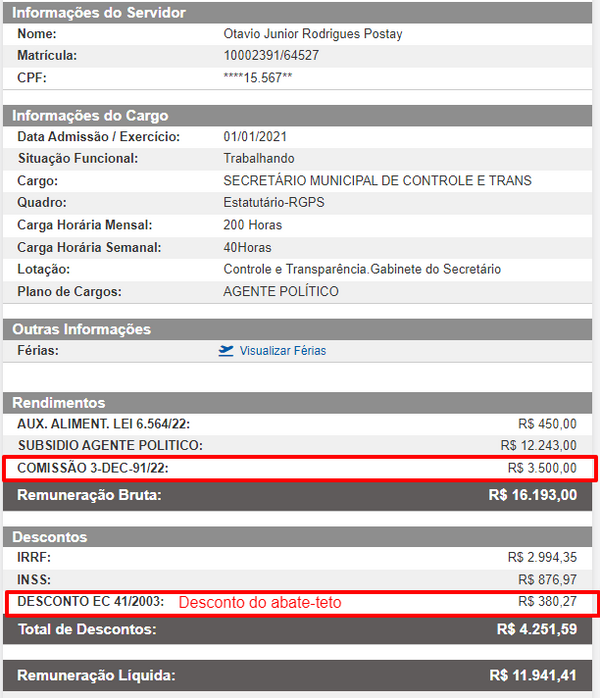 Folha de pagamento de secretário de Vila Velha mostra que rendimentos já ultrapassam o teto