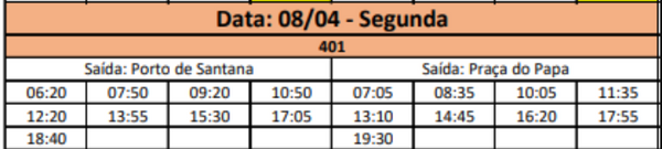 Horários da linha 401 do Aquaviário (Porto de Santana / Praça do Papa)