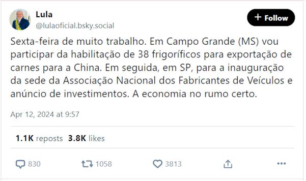 Primeira publicação do presidente Luiz Inácio Lula da Silva na rede social Bluesky