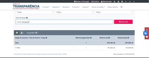 Portal da Transparência do ES mostra salário do soldado Lucas Torrezani. 