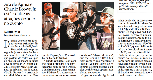 Recorte de uma matéria do jornal A Gazeta sobre o Festival de Alegre 2007