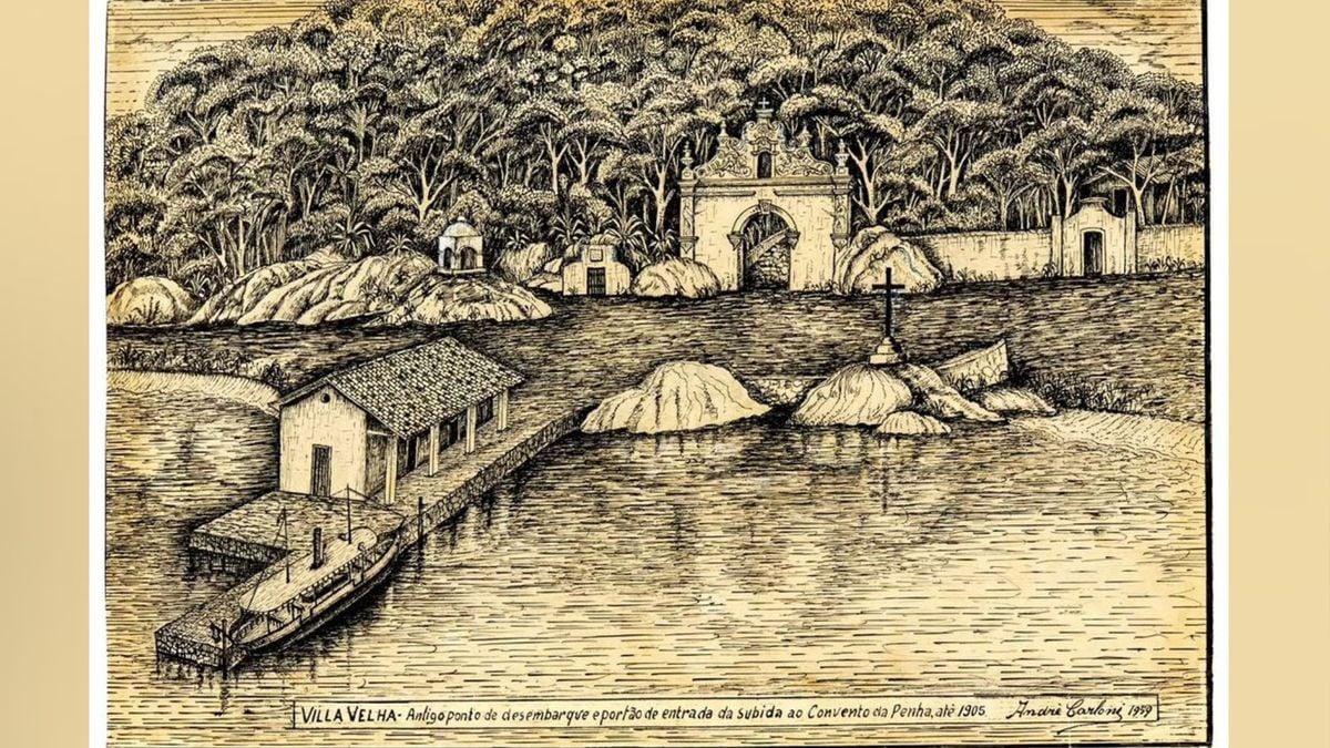 Antigo ponto de desembarque e portão de entrada da subida do Convento da Penha, até 1905. Desenho feito por André Carloni, em 1959. por Foto-reprodução | David Protti
