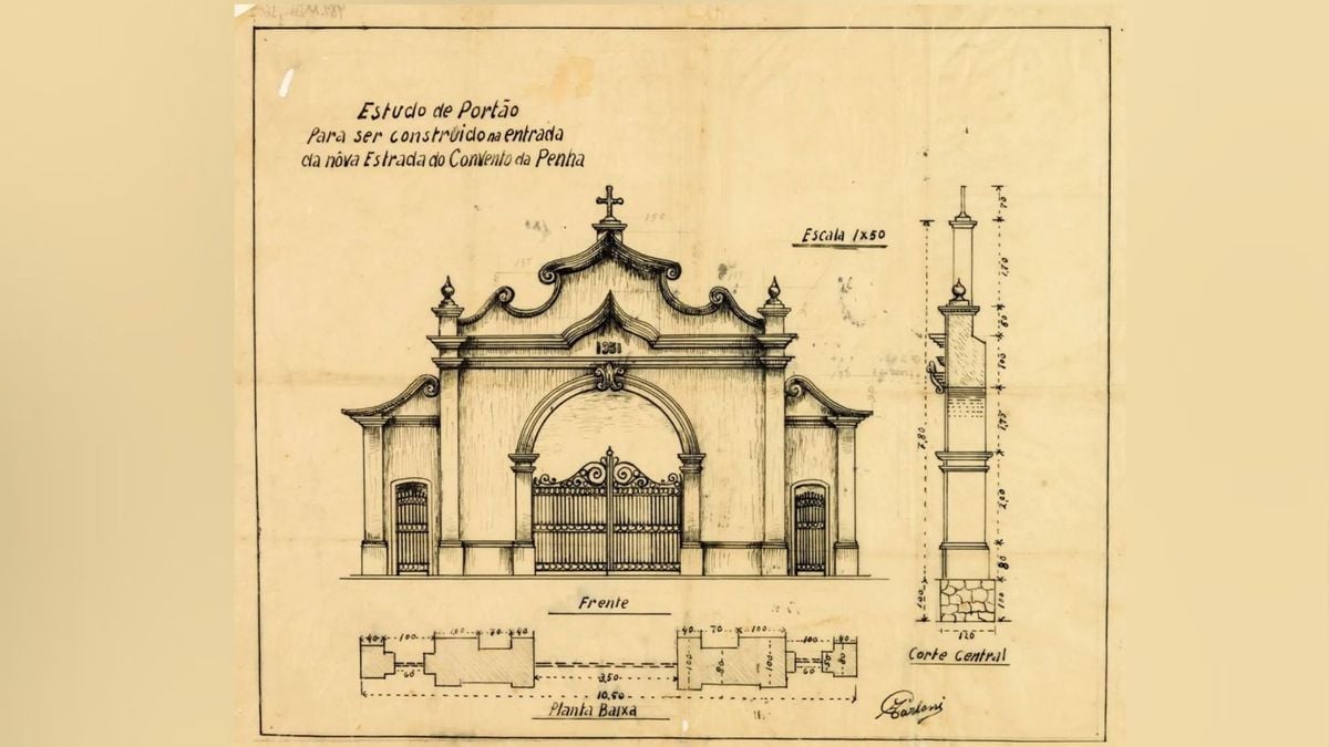 Antigo ponto de desembarque e portão de entrada da subida do Convento da Penha, até 1905. Desenho feito por André Carloni em 1959 por Foto-reprodução | David Protti