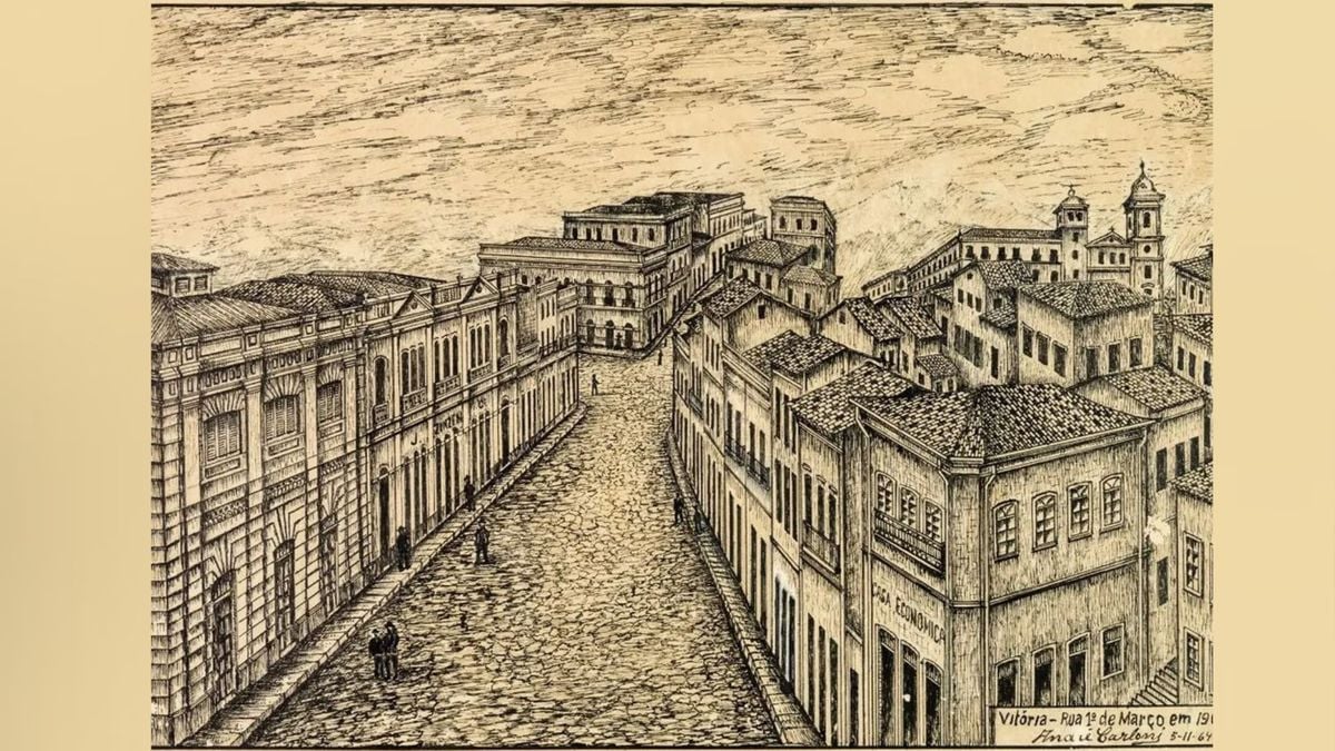  Rua 1 de março, na cidade de Vitória, em 1908.  Desenho de André Carloni, 5 de novembro de 1964. por Foto-reprodução | David Protti
