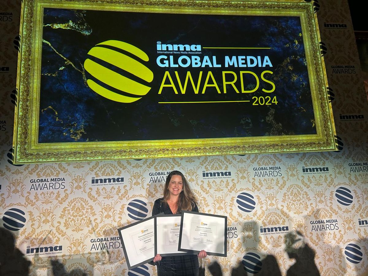 Carla Sobreira, gerente de Marketing da Rede Gazeta, participa do 2024 INMA Global Media Awards, em Londres, Inglaterra