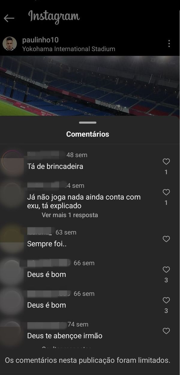 Ofensas de preconceito religioso ainda presentes no Instagram de PAulinho, desde 2021. 