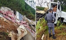 Carga de carnes ficou espalhada após veículo tombar no final da manhã desta segunda-feira (5); vítimas foram socorridas por esquipes do Corpo de Bombeiros e do Samu