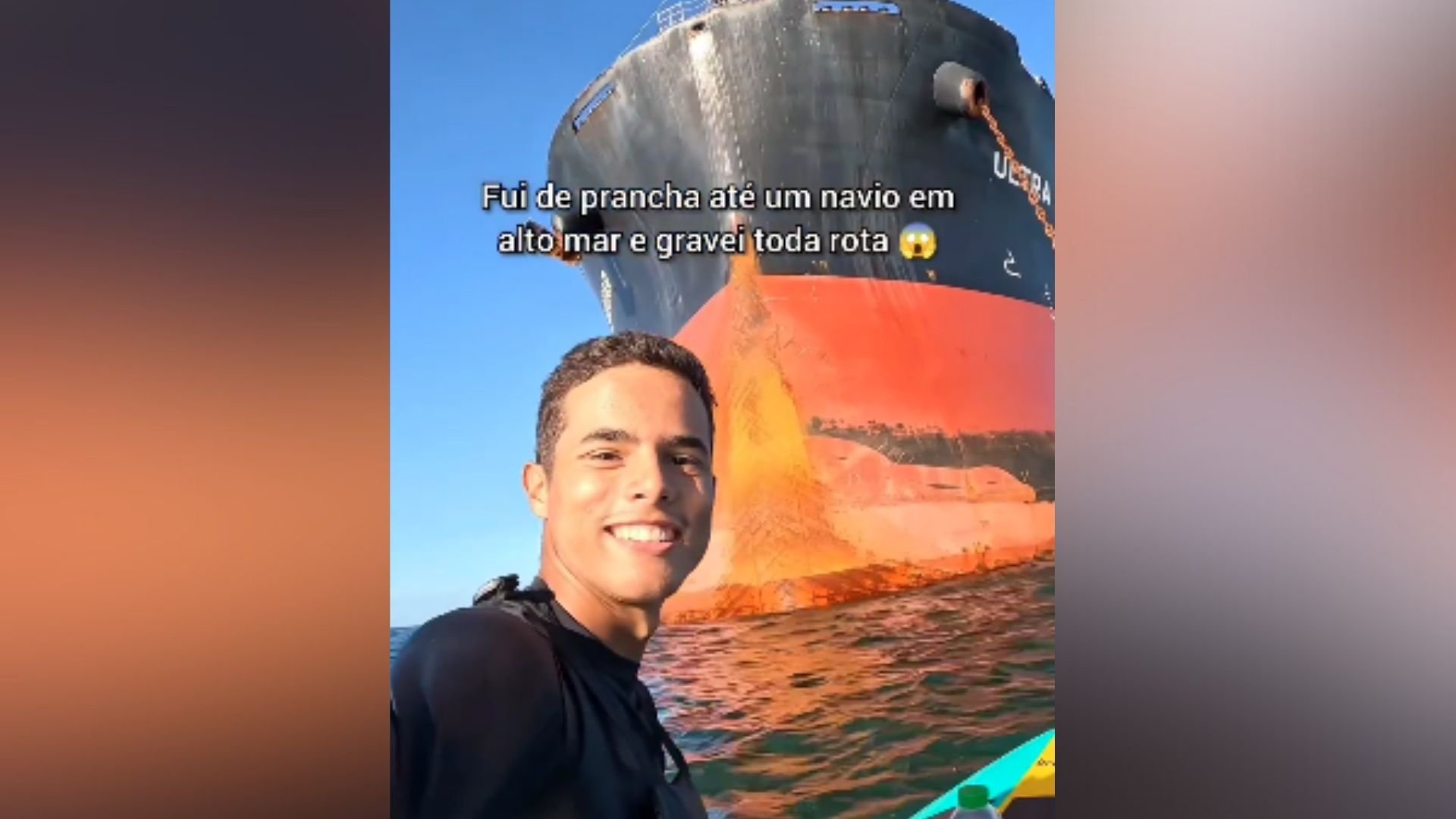 Vídeos que mostram Gabriel Rocha, de 18 anos, chegando perto dessas embarcações gigantes em cima de uma prancha viralizaram na internet e já possuem mais de 12 milhões de visualizações