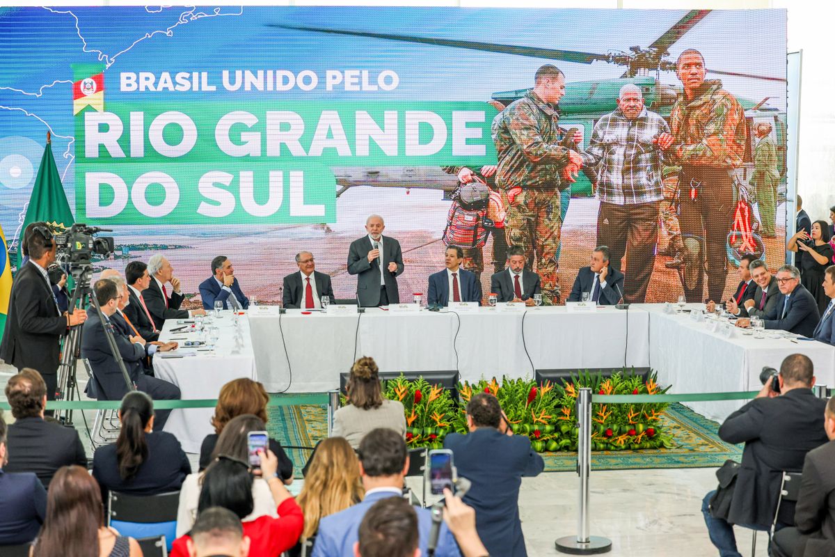 O presidente Luiz Inácio Lula da Silva durante anuncio de novas medidas de ajuda e apoio ao Rio Grande do Sul