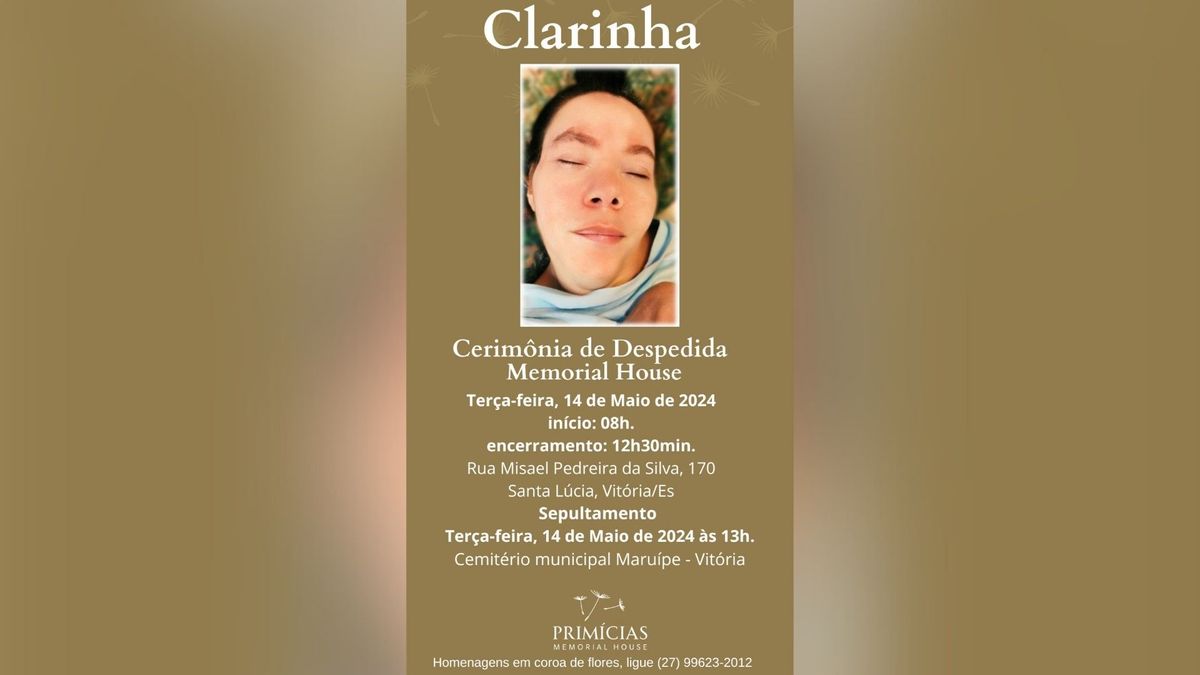 Clarinha tem data para ser enterrada em Vitória