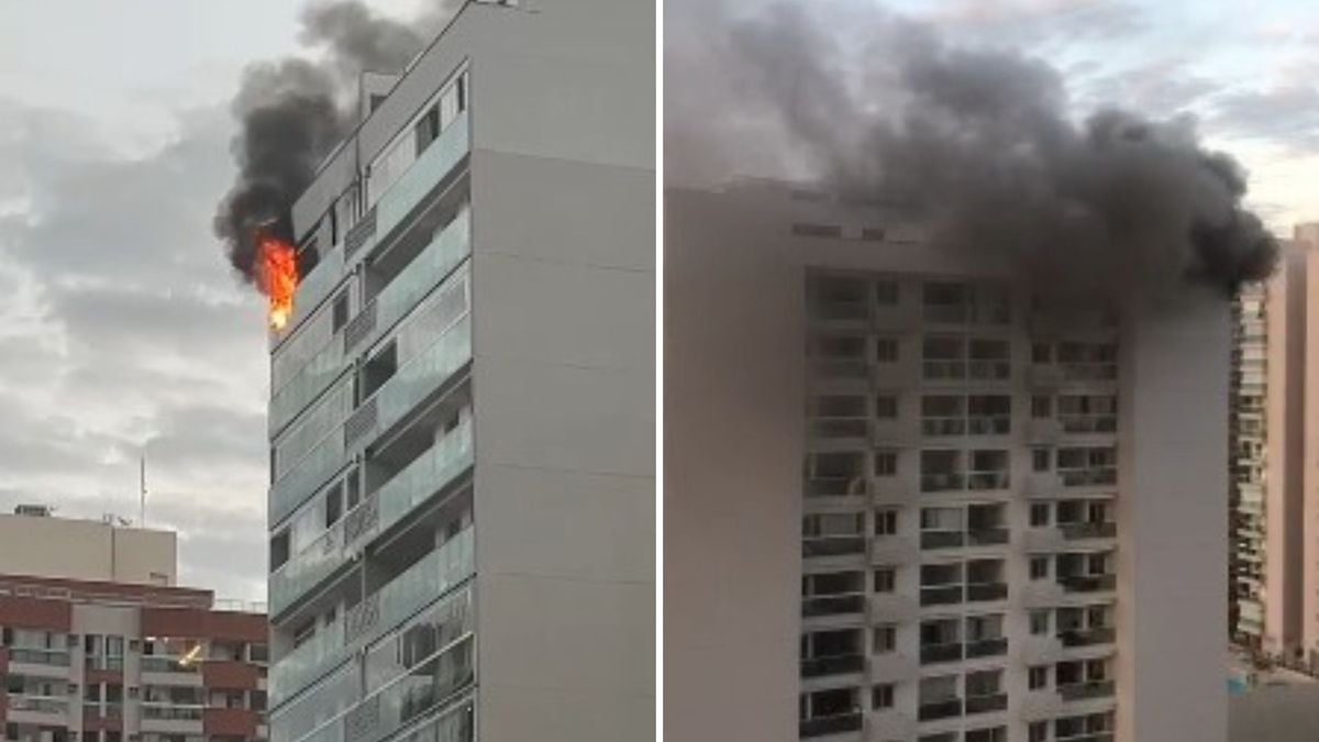 Imagens mostram as chamas saindo pela varanda de um dos apartamentos. O homem e a mulher que estavam no apartamento foram levados para a delegacia