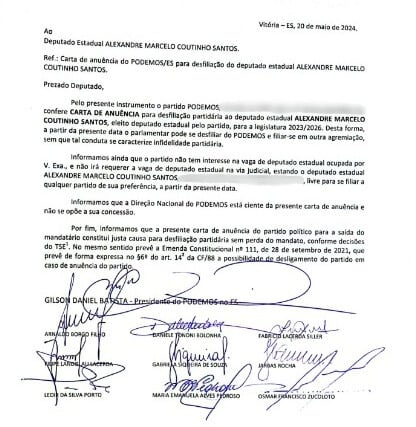 Carta de anuência do Podemos para Marcelo Santos