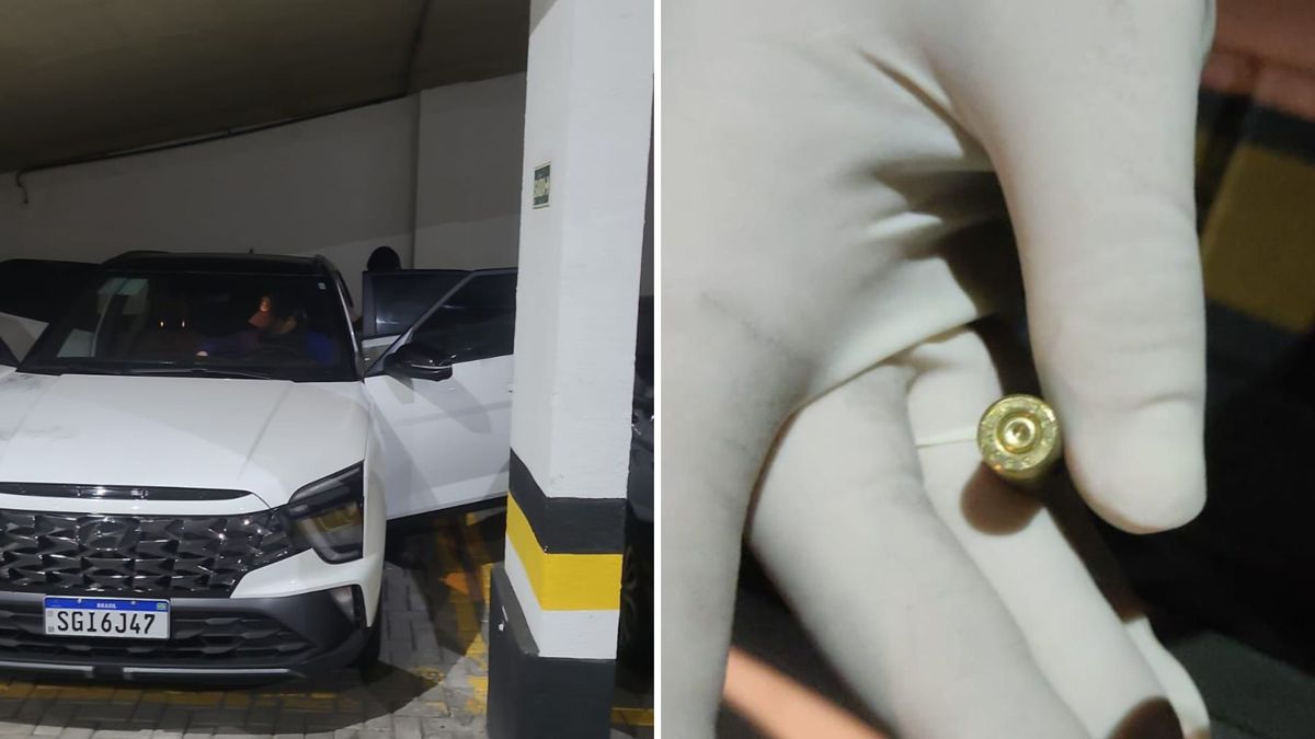 Veículo usado pelos criminosos e cápsula retirada no local do crime