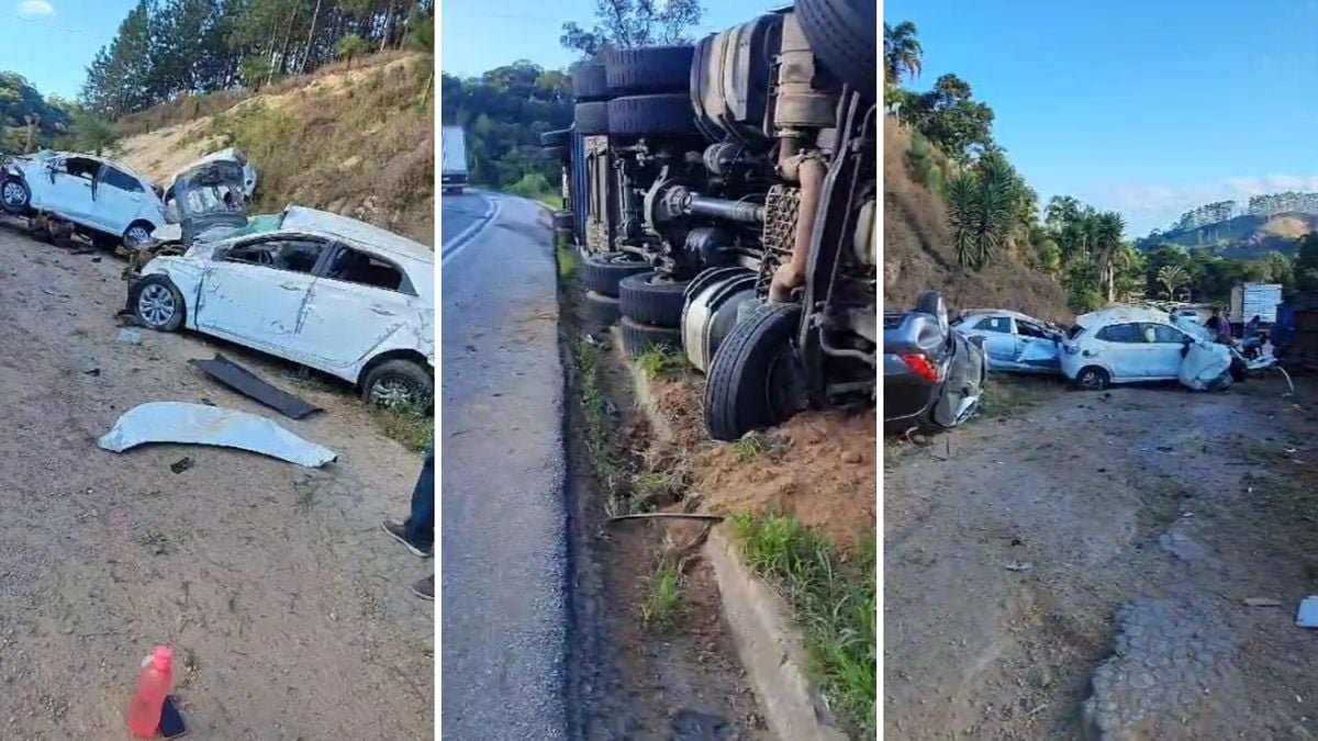 Cegonha carregando veículos tomba na Região Serrana