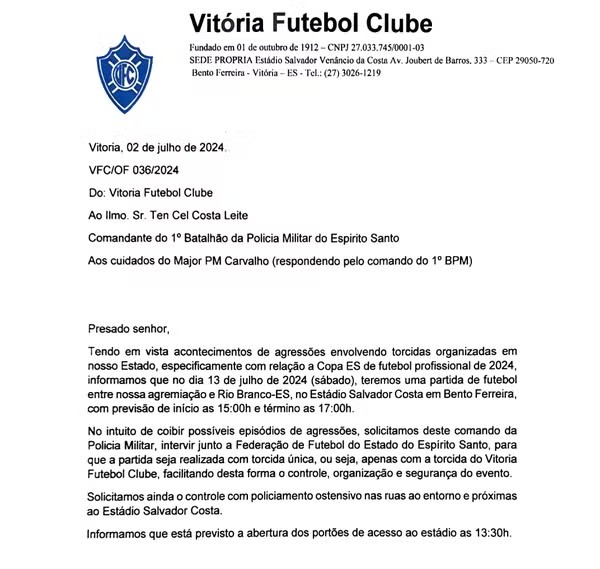 O clássico entre Vitória e Rio Branco, neste sábado (13), terá apenas a torcida alvianil no Estádio Salvador Costa.