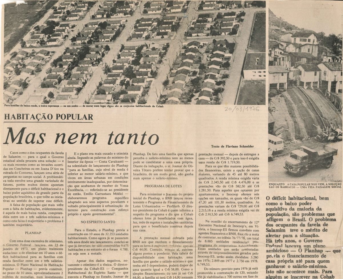 Reprodução parcial da reportagem de Flaviano Schneider, publicada no jornal A Gazeta em 1976, sobre a crise na habitação no ES