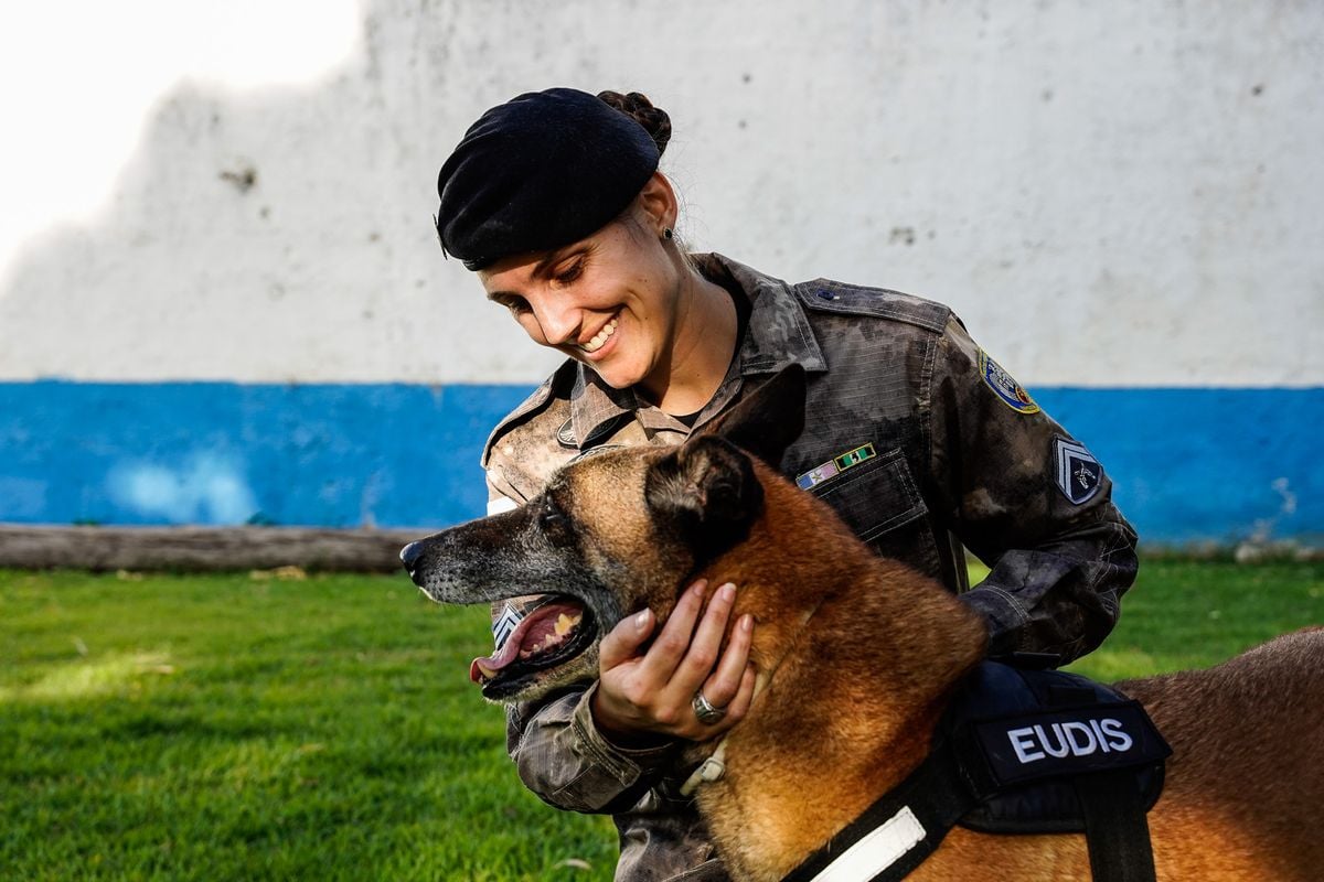 Cabo PM Lahass, adotou o cão Eudis após a aposentadoria no animal
