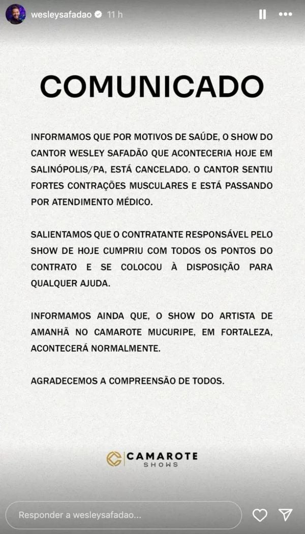 Assessoria de Wesley Safadão informou sobre cancelamento do show nas redes sociais do cantor