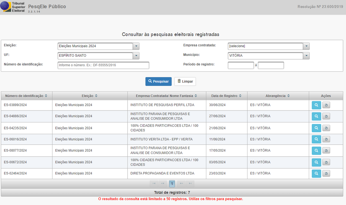 Tela do site do TSE com reprodução de consulta sobre pesquisa eleitoral de Vitória registrada na Justiça