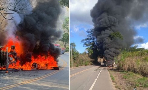 Motorista da carreta teria tentado se desviar de um andarilho que adentrou a pista em uma curva, momento em que ele perdeu o controle do veículo e tombou