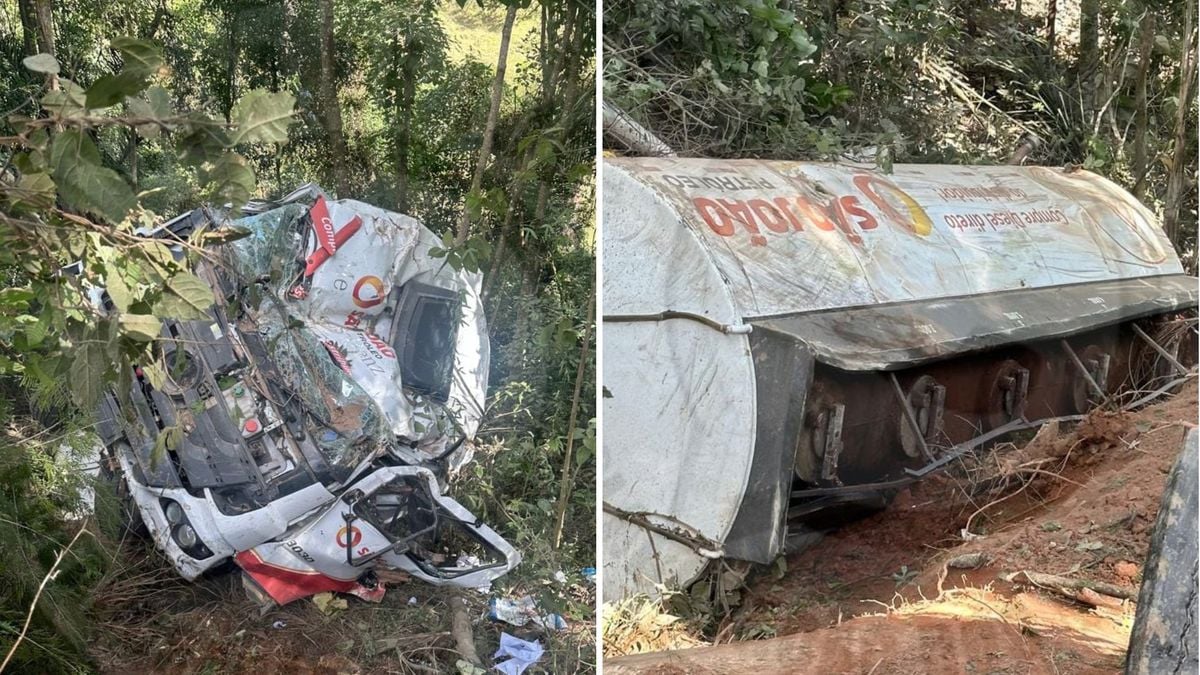 Caminhão com 22 mil litros de óleo tomba em Ibatiba