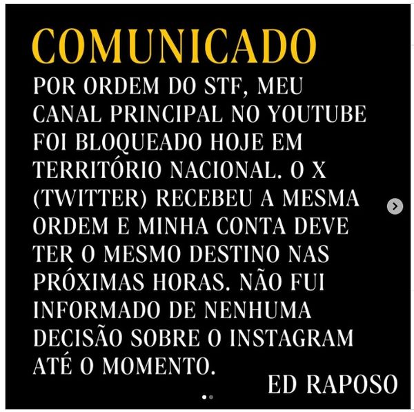 Post feito pelo blogueiro Ed Raposo nas redes sociais 