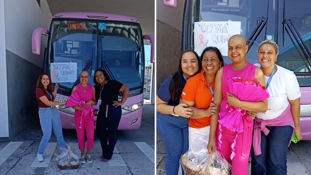 A homenagem teve ônibus rosa, flores e cartazes