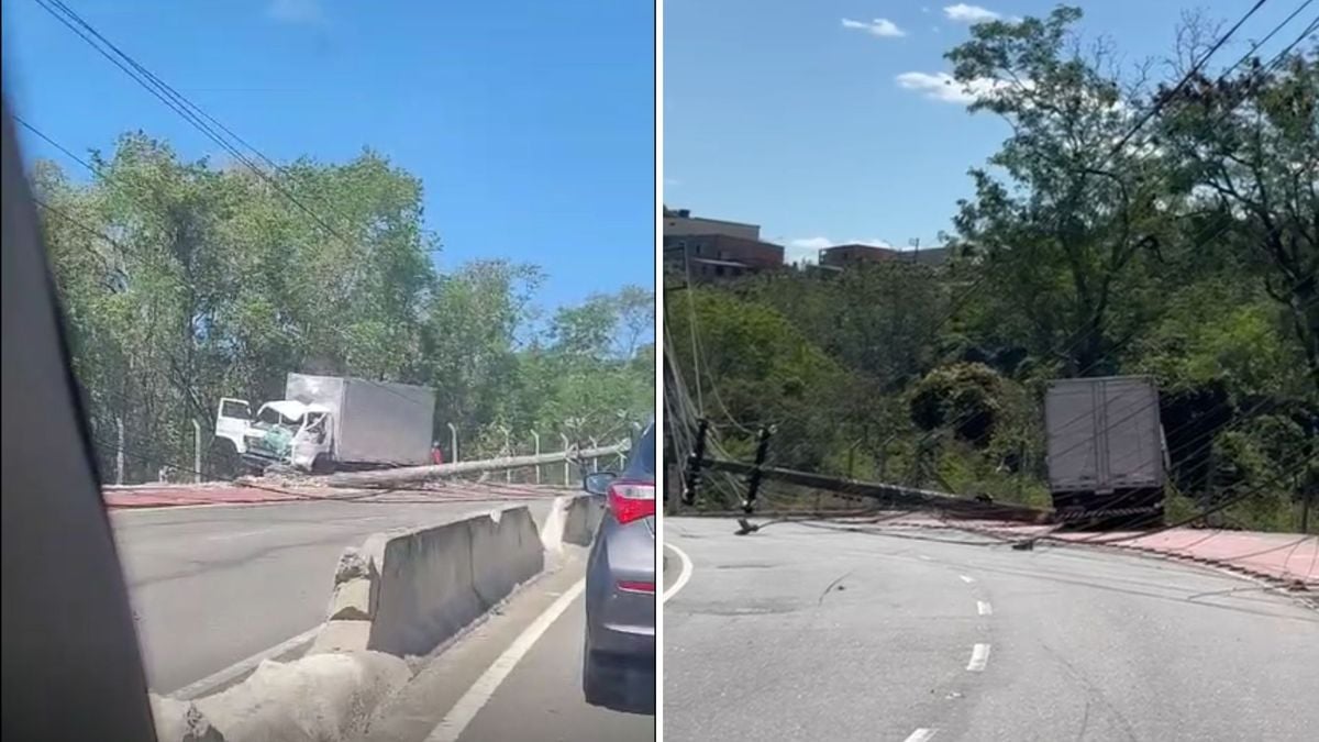 O poste caiu no meio de uma das vias da Avenida Norte Sul, na altura do bairro Barcelona, na Serra, após caminhão colidir com a estrutura. por Leitor | A Gazeta