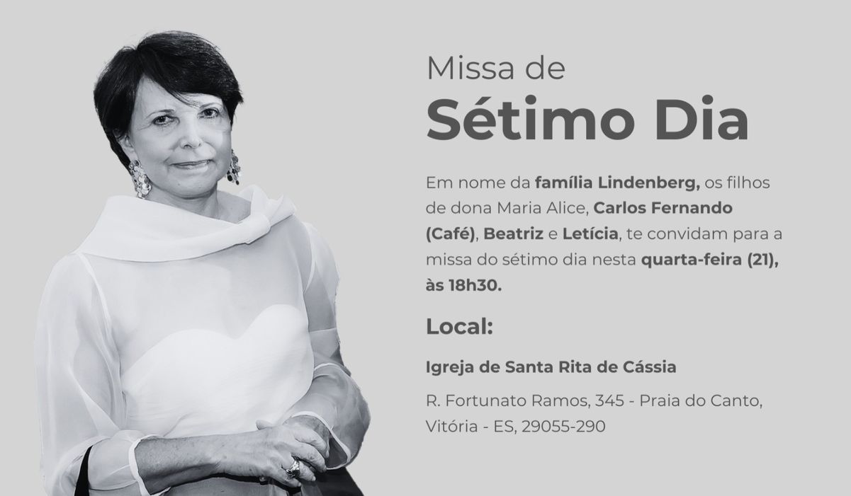 Missa de sétio dia de Maria Alice Lindenberg acontece hoje na Praia do Canto