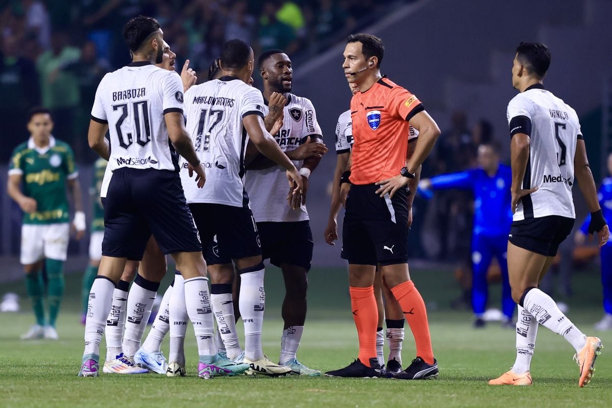 O árbitro Facundo Tello atuando em lance decisivo na partida entre Palmeiras e Botafogo