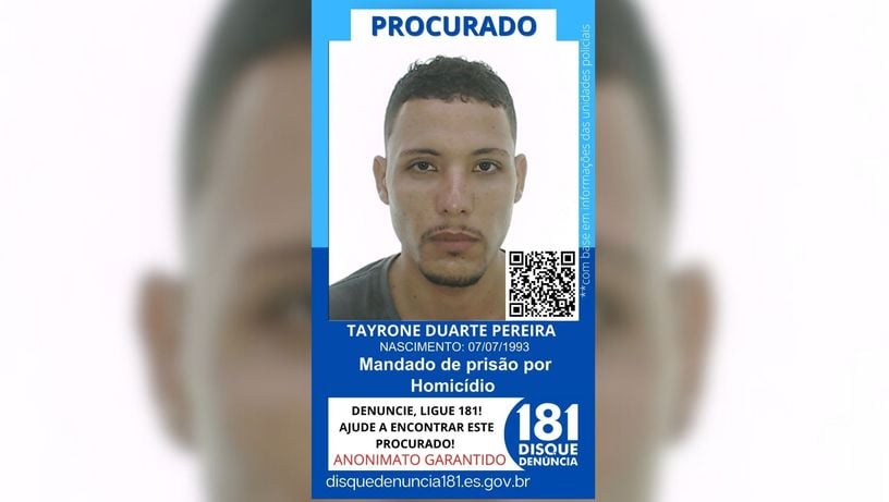 Tayrone Duarte Pereira, 31 anos, com mandado de prisão por homicídio.