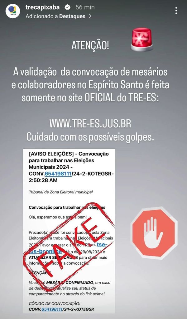 TRE-ES afirma que mensagens com link de convocação para mesário são falsas