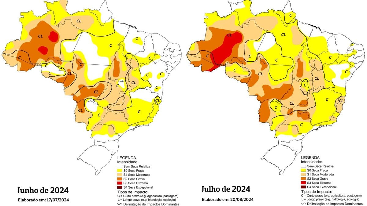 
Mapas de junho e julho deste ano mostram a evolução de partes do ES de seca fraca para seca moderada
