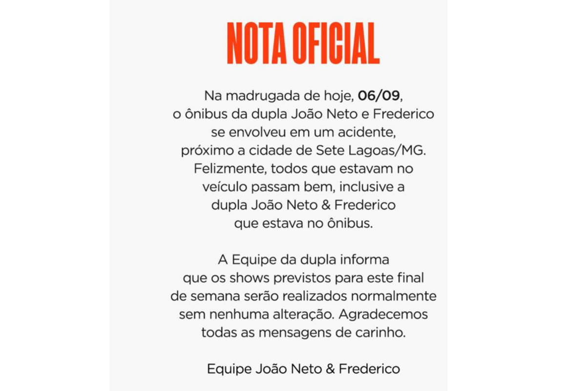 Nota oficial da dupla João Neto e Frederico